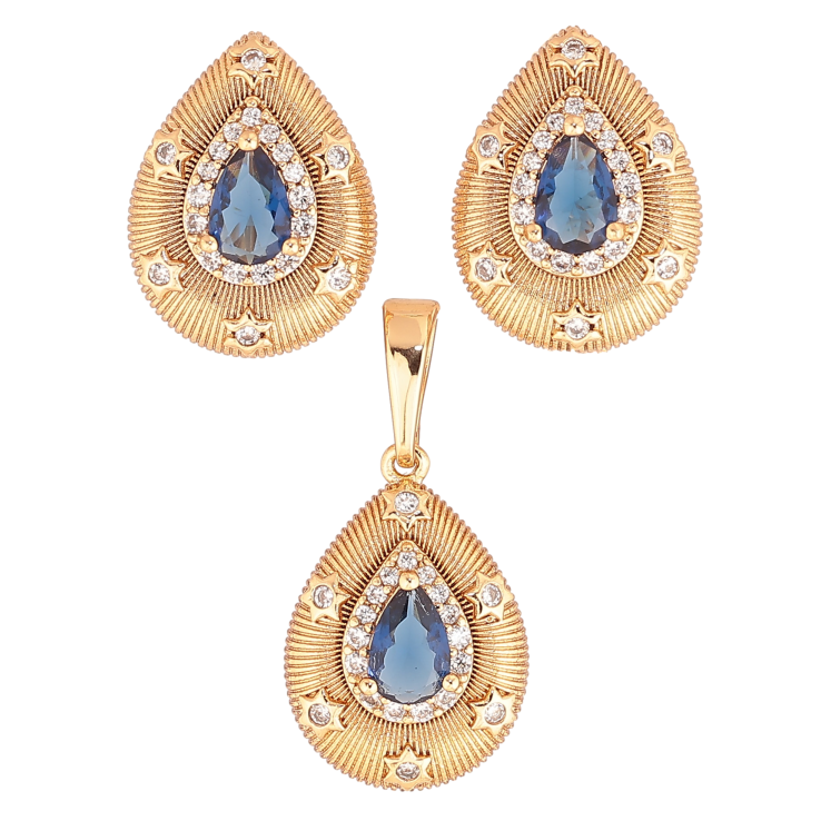 Набір Xuping колір Позолота 18K сережки кулон "Крапельки з візерунком та синіми кристалами" фото №13 Набір Xuping колір Позолота 18K сережки кулон "Крапельки з візерунком та синіми кристалами" фото №13