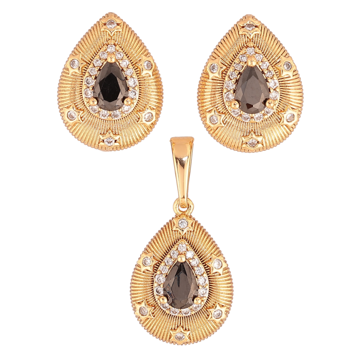 Набір Xuping колір Позолота 18K сережки кулон "Крапельки з візерунком та чорними кристалами" фото №15 Набір Xuping колір Позолота 18K сережки кулон "Крапельки з візерунком та чорними кристалами" фото №15