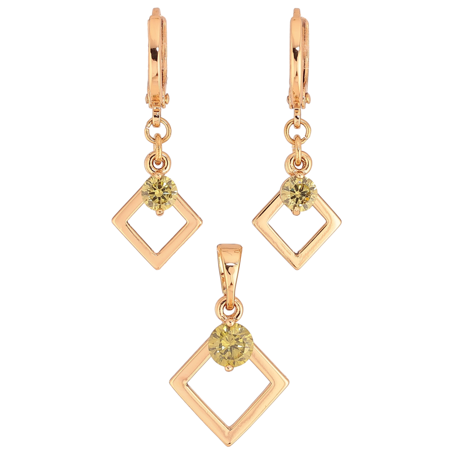 Набор Xuping цвет Позолота 18K серьги кулон "Ромбовые подвески с оливковыми кристаллами" фото №1 Набор Xuping цвет Позолота 18K серьги кулон "Ромбовые подвески с оливковыми кристаллами" фото №1