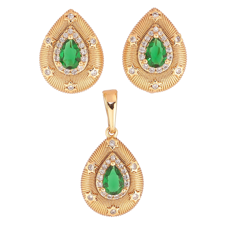 Набір Xuping колір Позолота 18K сережки кулон "Крапельки з візерунком та зеленими кристалами" фото №1