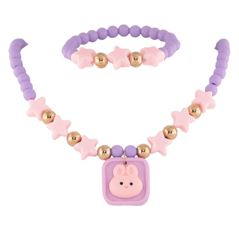 Набір дитячий Xuping TTM Stainless Steel колір 14К Кольє Браслет "Бузкові намистини з рожевими зірочками" на гумці фото №1
