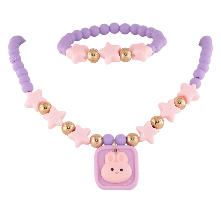 Набір дитячий Xuping TTM Stainless Steel колір 14К Кольє Браслет "Бузкові намистини з рожевими зірочками" на гумці фото №1
