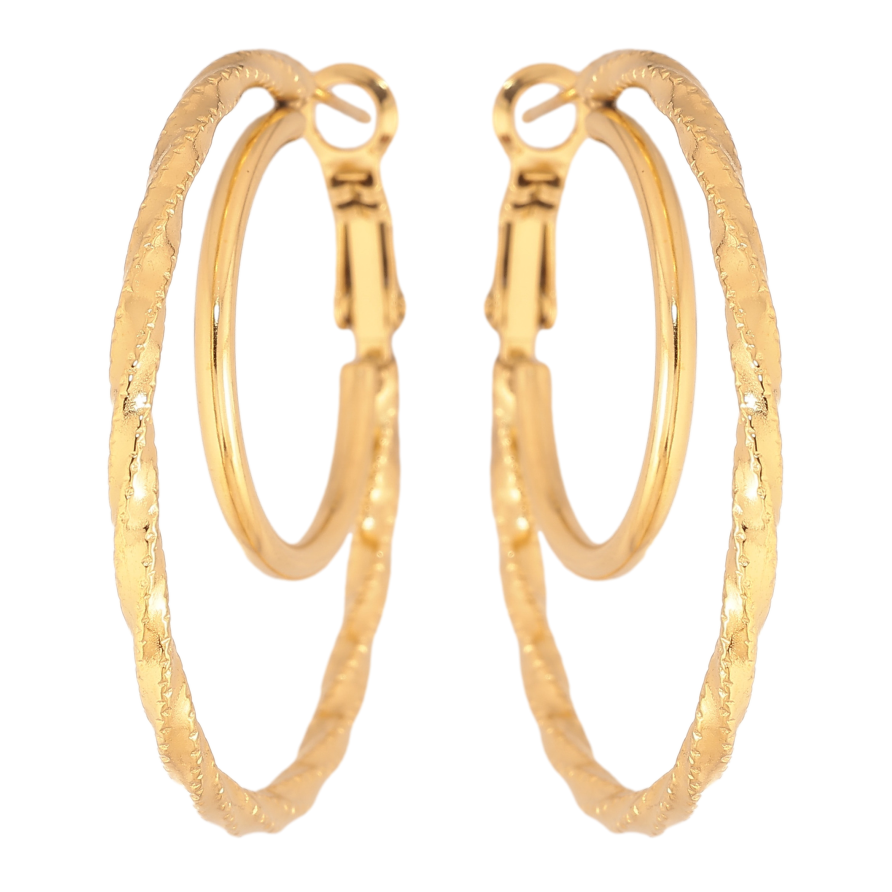 Сережки Xuping TTM Stainless Steel колір 14К кільця (конго) "Подвійні кільця з візерунком" ø 4см фото №1