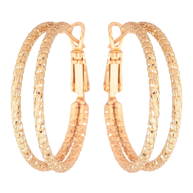 Сережки Xuping колір Позолота 18K кільця (конго) "Подвійні з візерунком" ø 3см фото №2 Сережки Xuping колір Позолота 18K кільця (конго) "Подвійні з візерунком" ø 3см фото №2