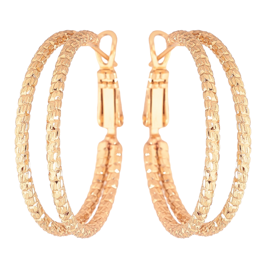 Сережки Xuping колір Позолота 18K кільця (конго) "Подвійні з візерунком" ø 3см фото №1 Сережки Xuping колір Позолота 18K кільця (конго) "Подвійні з візерунком" ø 3см фото №1