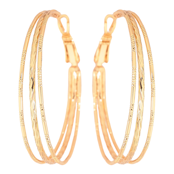 Сережки Xuping колір Позолота 18K кільця (конго) "Потрійні з візерунком" ø 4см фото №5