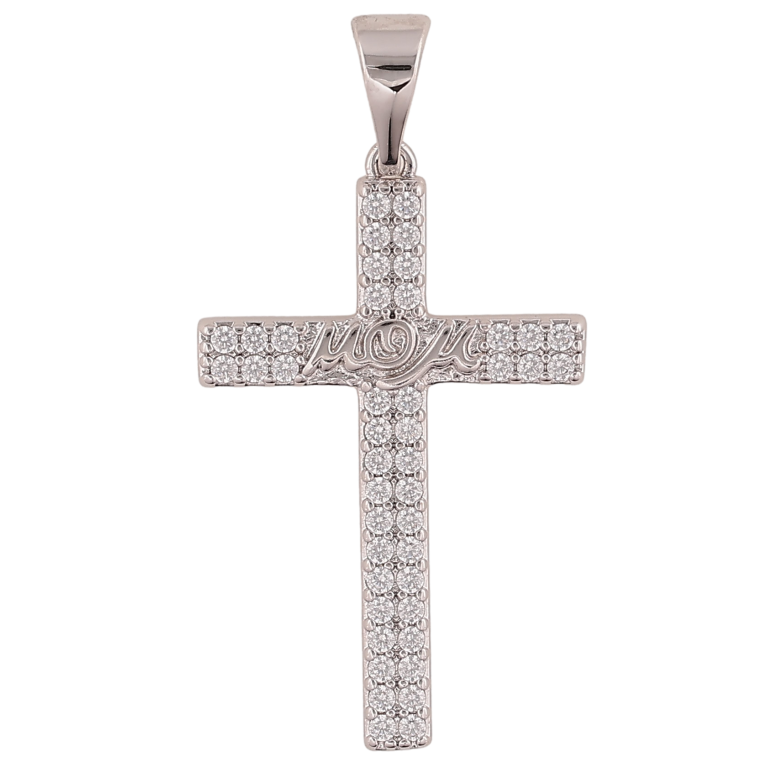 Кулон Xuping колір Родій "Хрест з кристалами та написом Мама" для ланцюжка до 7мм фото №1
