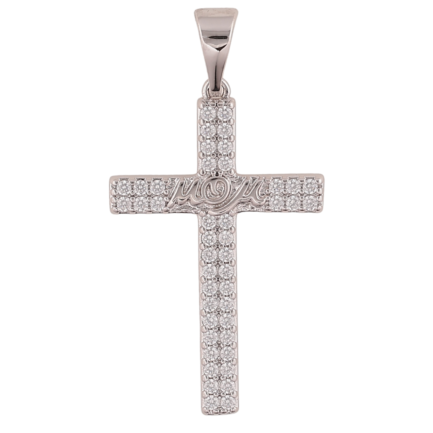 Кулон Xuping колір Родій "Хрест з кристалами та написом Мама" для ланцюжка до 7мм фото №1