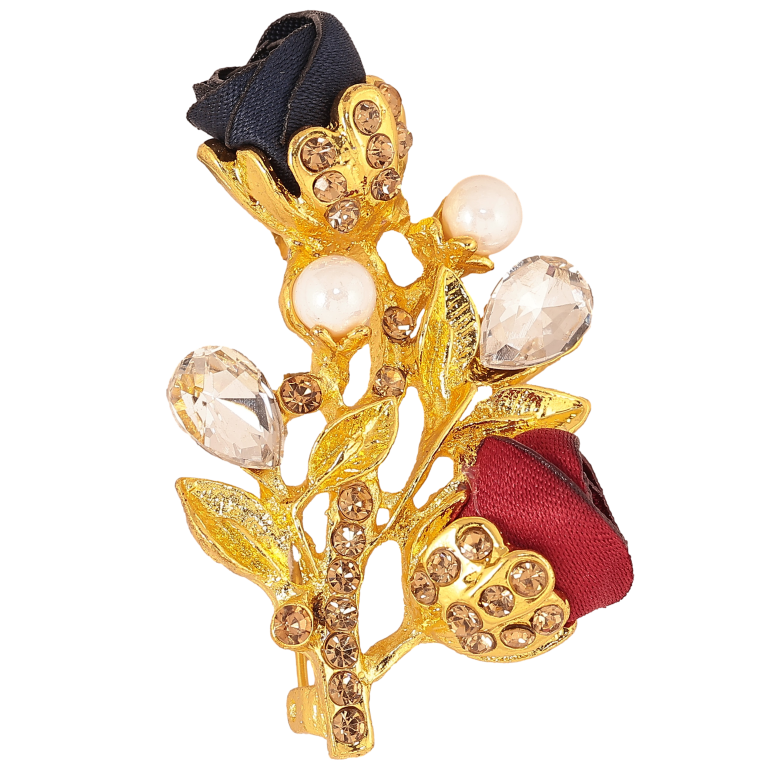 Брошка "Гілочка з червоно-синіми квіточками, стразами та перлинами" фото №1