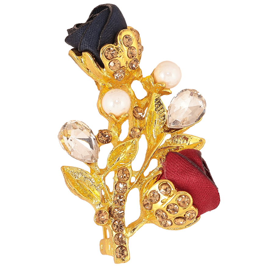 Брошка "Гілочка з червоно-синіми квіточками, стразами та перлинами" фото №1