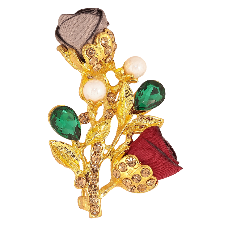 Брошка "Гілочка з червоно-бежевими квіточками, стразами та перлинами" фото №17