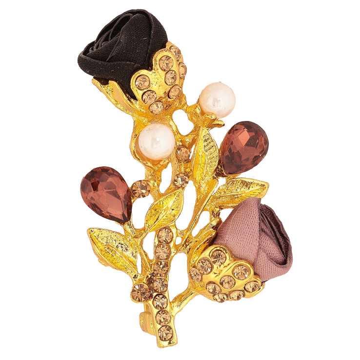 Брошка "Гілочка з чорно-бежевими квіточками, стразами та перлинами" фото №11