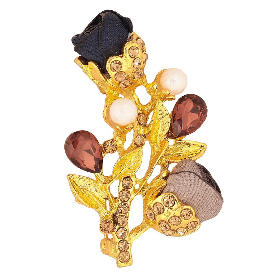 Брошка "Гілочка з синьо-бежевими квіточками, стразами та перлинами" фото №1 Брошка "Гілочка з синьо-бежевими квіточками, стразами та перлинами" фото №1