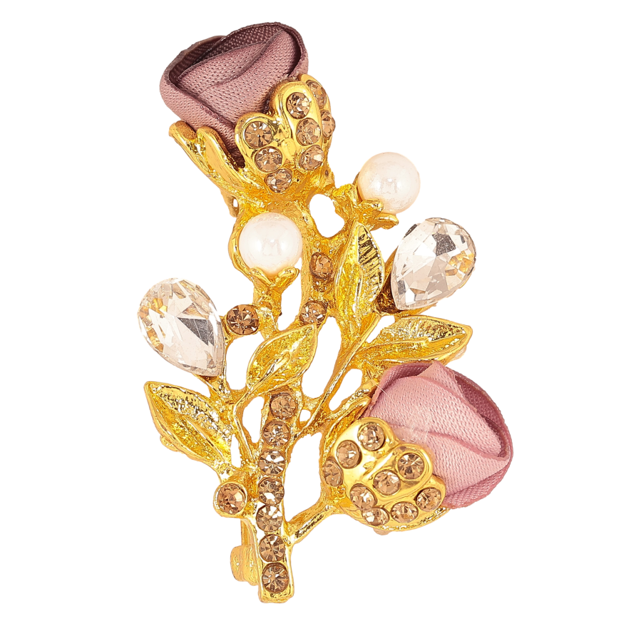 Брошка "Гілочка з бежево-рожевими квіточками, стразами та перлинами" фото №1