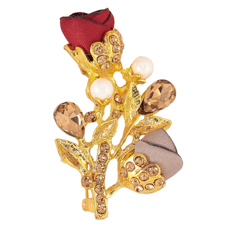 Брошка "Гілочка з червоно-сірими квіточками, стразами та перлинами" фото №1 Брошка "Гілочка з червоно-сірими квіточками, стразами та перлинами" фото №1
