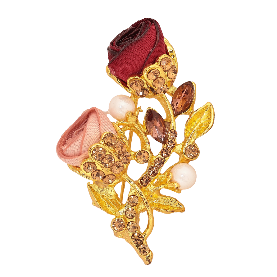 Брошка "Гілочка з рожево-червоними квіточками, стразами та перлинами" фото №1