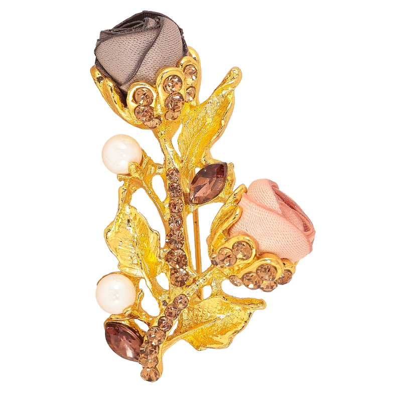 Брошка "Гілочка з рожево-сірими квіточками, стразами та перлинами" фото №5