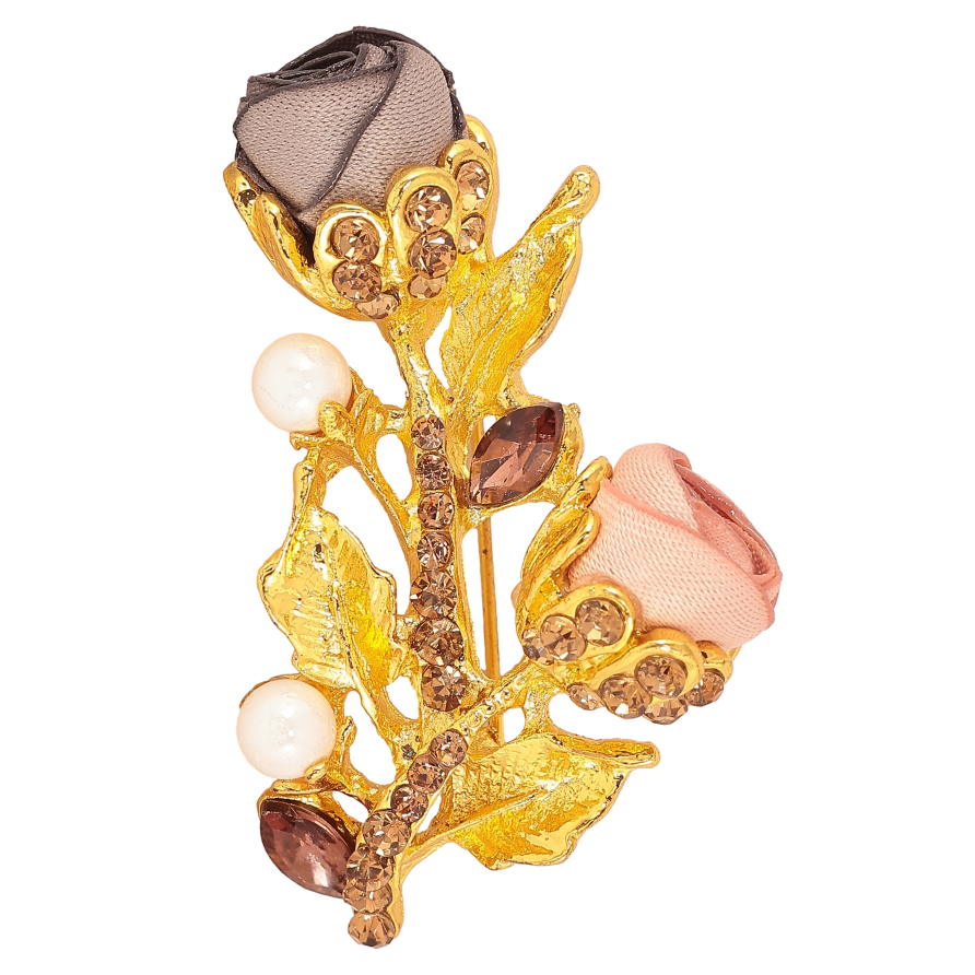 Брошка "Гілочка з рожево-сірими квіточками, стразами та перлинами" фото №1
