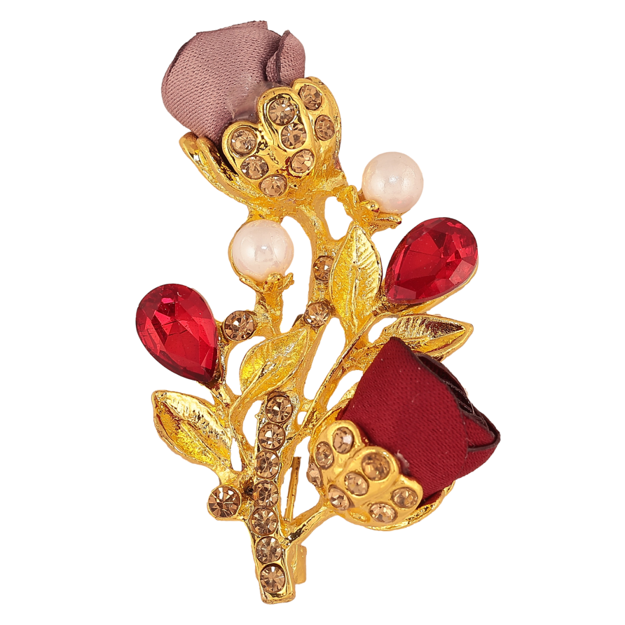Брошка "Гілочка з бежево-червоними квіточками, стразами та перлинами" фото №1