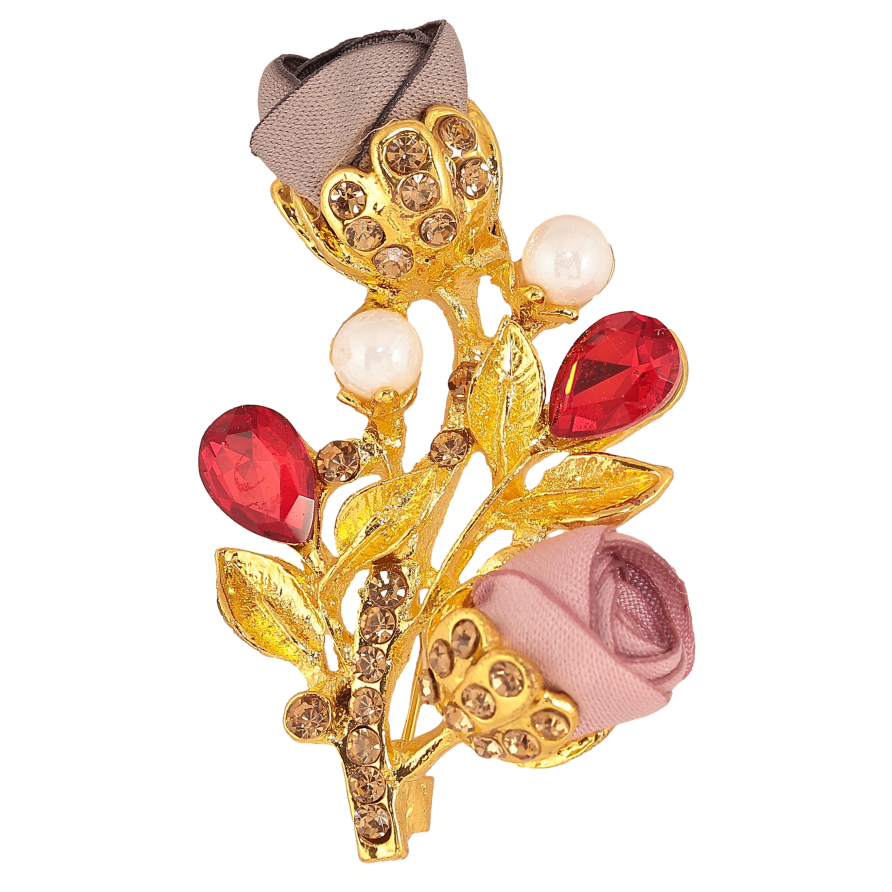 Брошка "Гілочка з рожево-сірими квіточками, стразами та перлинами" фото №1