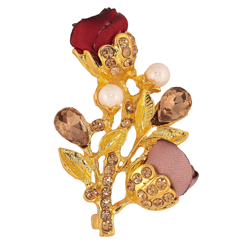 Брошь "Веточка с бежево-красными цветочками, стразами и жемчужинами" фото №1