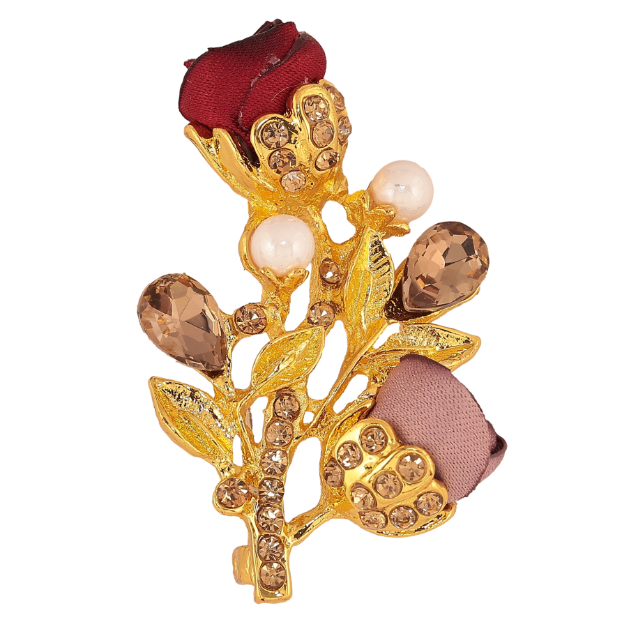 Брошка "Гілочка з бежево-червоними квіточками, стразами та перлинами" фото №1