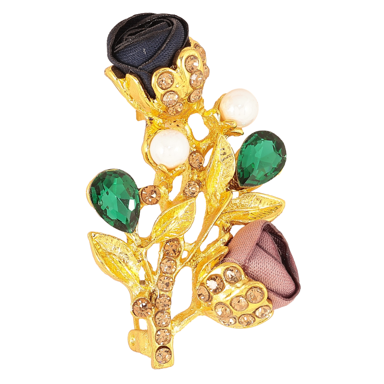 Брошка "Гілочка з синьо-бежевими квіточками, стразами та перлинами" фото №1 Брошка "Гілочка з синьо-бежевими квіточками, стразами та перлинами" фото №1