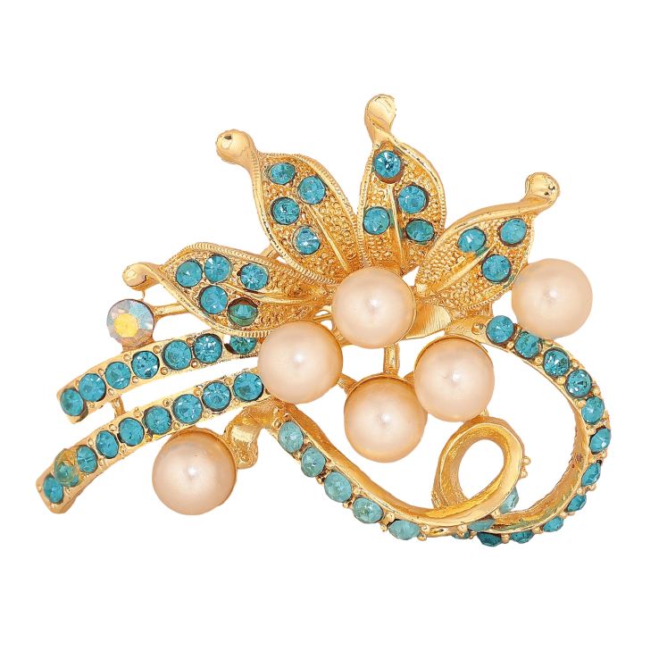 Брошка "Квіткова композиція із бірюзовими стразами та перлинами" фото №24
