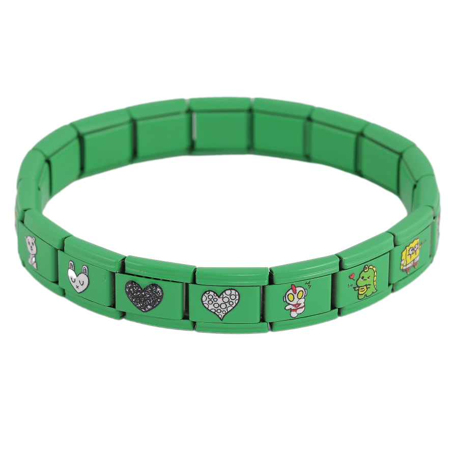 Браслет Xuping ТТМ Stainless Steel колір Родій "Зелений з мультяшними героями, шир. 9мм" ø 5.5см, розтягується фото №1 Браслет Xuping ТТМ Stainless Steel колір Родій "Зелений з мультяшними героями, шир. 9мм" ø 5.5см, розтягується фото №1