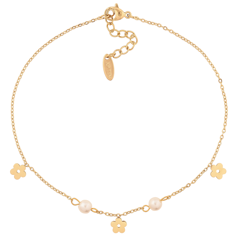 Браслет Xuping ТТМ Stainless Steel цвет 14К на ногу "Цепочка с цветочками и бусинами" длина с доп. цепочкой 24-27.5см х 1.5-5мм фото №1 Браслет Xuping ТТМ Stainless Steel цвет 14К на ногу "Цепочка с цветочками и бусинами" длина с доп. цепочкой 24-27.5см х 1.5-5мм фото №1