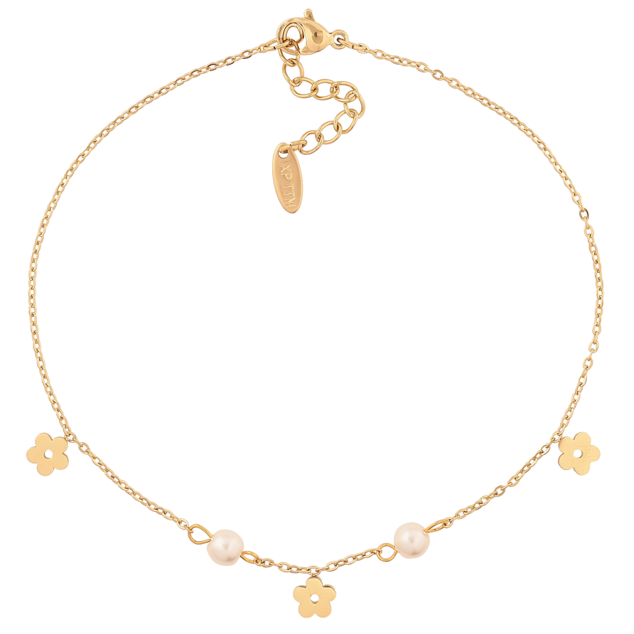 Браслет Xuping ТТМ Stainless Steel колір 14К на ногу "Ланцюжок з квіточками і намистинами" довжина з дод. ланцюжком 24-27.5см х 1.5-5мм фото №1 Браслет Xuping ТТМ Stainless Steel колір 14К на ногу "Ланцюжок з квіточками і намистинами" довжина з дод. ланцюжком 24-27.5см х 1.5-5мм фото №1