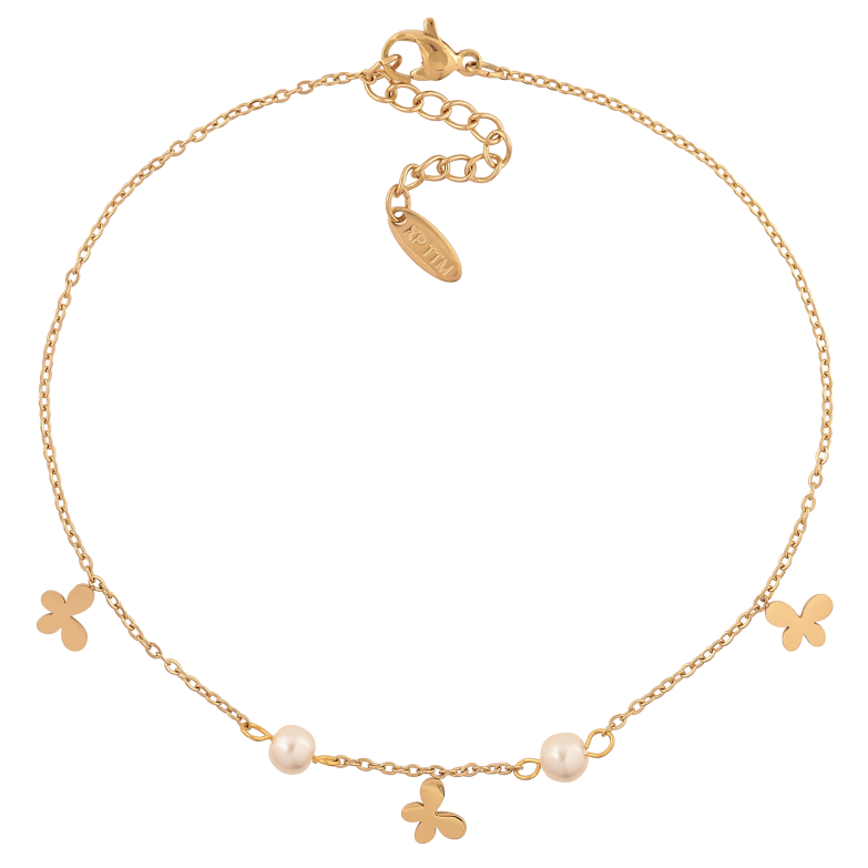 Браслет Xuping ТТМ Stainless Steel колір 14К на ногу "Ланцюжок з метеликами та перлинними намистинами" довжина з доп. ланцюжком 24-27.5см х 1.5-5мм фото №5