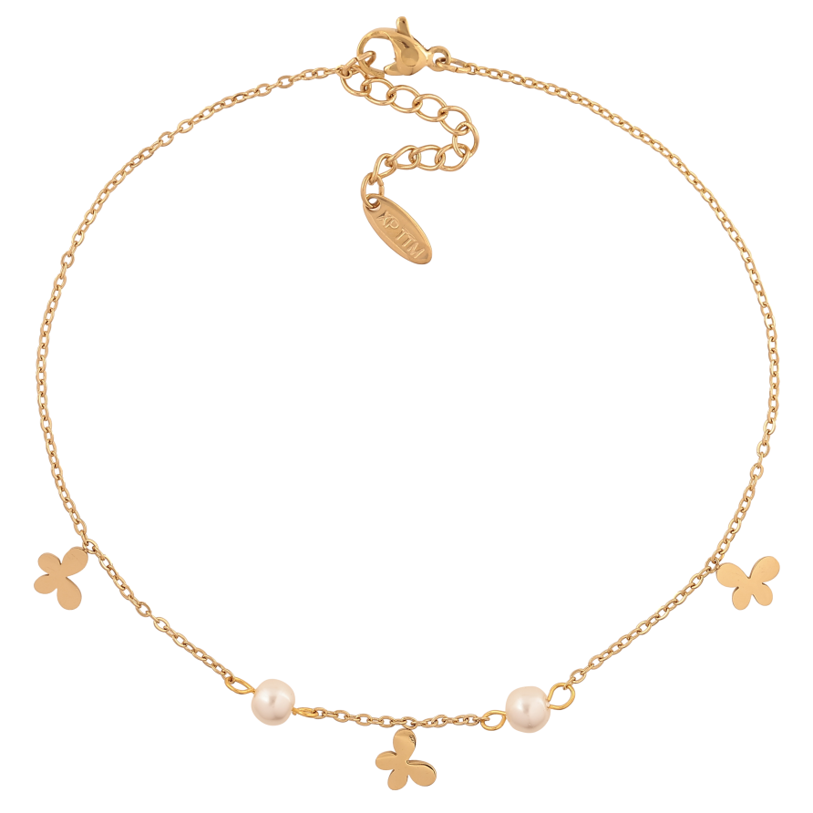 Браслет Xuping ТТМ Stainless Steel колір 14К на ногу "Ланцюжок з метеликами та перлинними намистинами" довжина з доп. ланцюжком 24-27.5см х 1.5-5мм фото №1