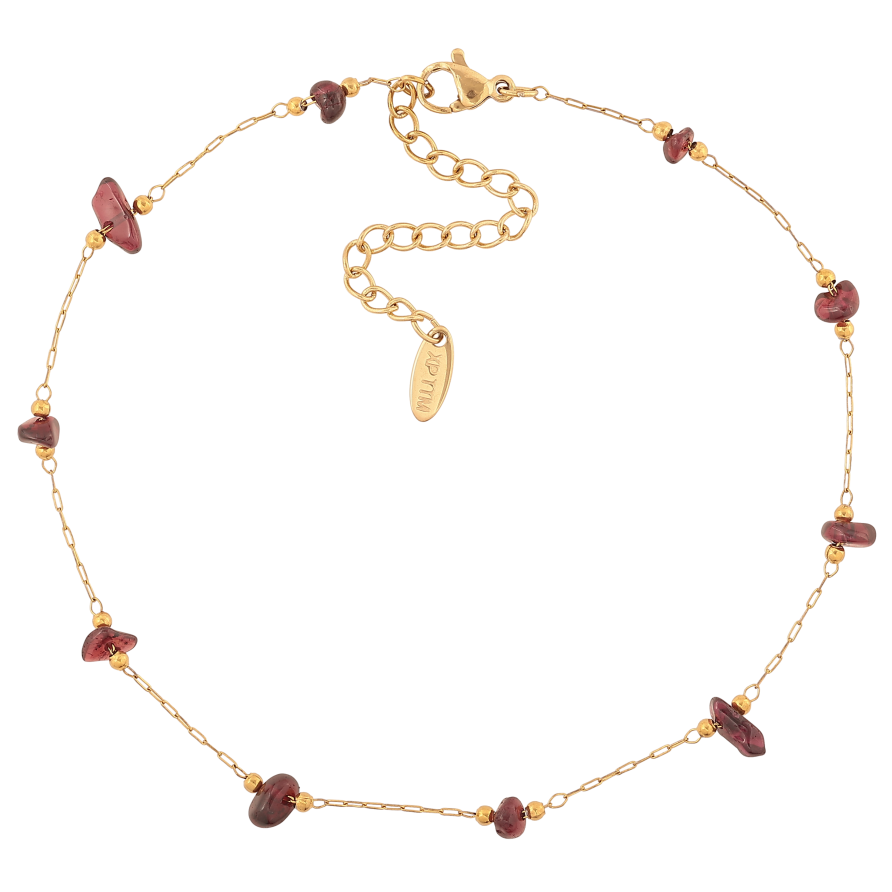 Браслет Xuping ТТМ Stainless Steel колір 14К на ногу "Ланцюжок з бордовими намистинами" довжина з дод. ланцюжком 25.5-31см х 1-2мм фото №1