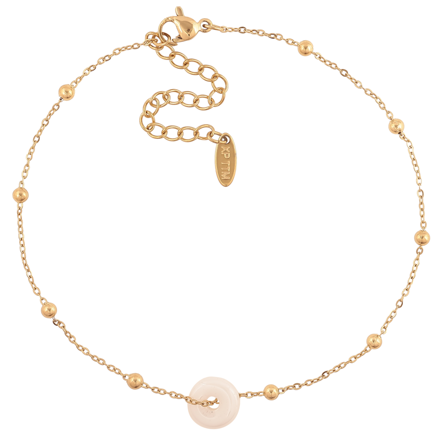 Браслет Xuping ТТМ Stainless Steel колір 14К на ногу "Ланцюжок з білим керамічним кільцем" довжина з дод. ланцюжком 24-29.5см х 1-3мм фото №1