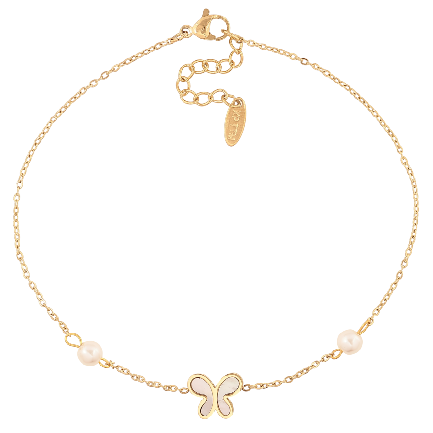 Браслет Xuping ТТМ Stainless Steel колір 14К на ногу "Ланцюжок з метеликом і перлинними намистинами" довжина з дод. ланцюжком 24.5-28см х 1-9мм фото №1 Браслет Xuping ТТМ Stainless Steel колір 14К на ногу "Ланцюжок з метеликом і перлинними намистинами" довжина з дод. ланцюжком 24.5-28см х 1-9мм фото №1