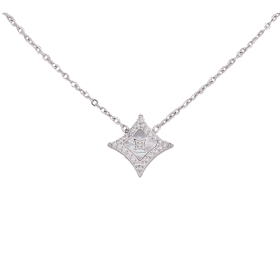 Підвіска на ланцюжку Нержавіюча сталь "Ромб з кристалами та перламутровою вставкою" довжина 42-47см х 1мм фото №1