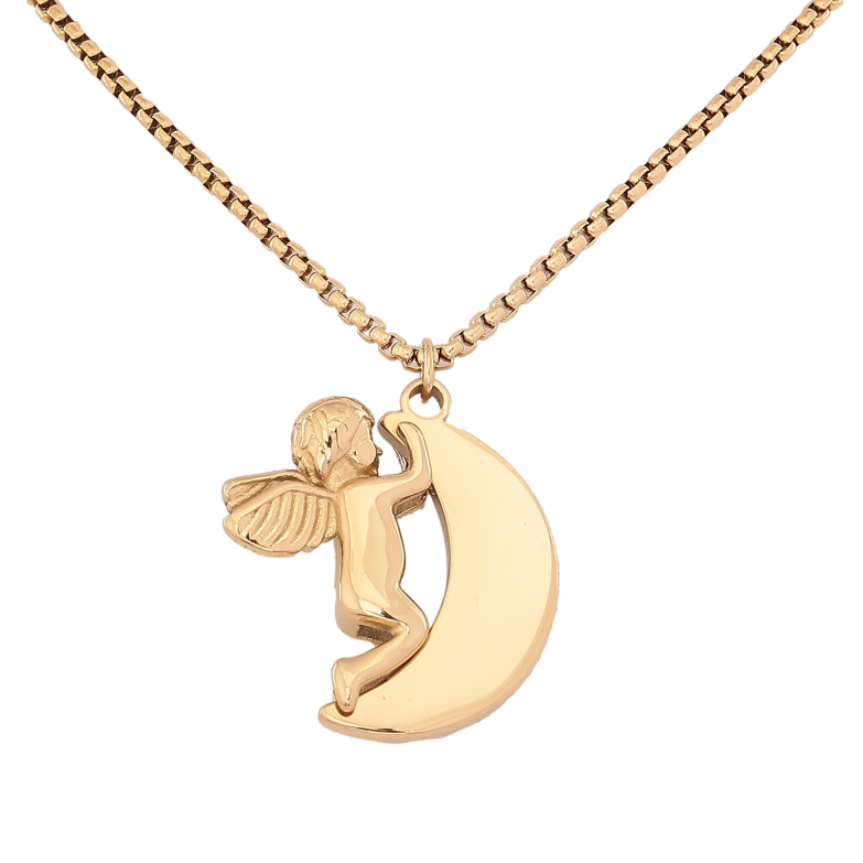 Подвеска на цепочке Xuping ТТМ Stainless Steel цвет 14К "Полумесяц с ангелочком" длина 45-50см х 2мм фото №1