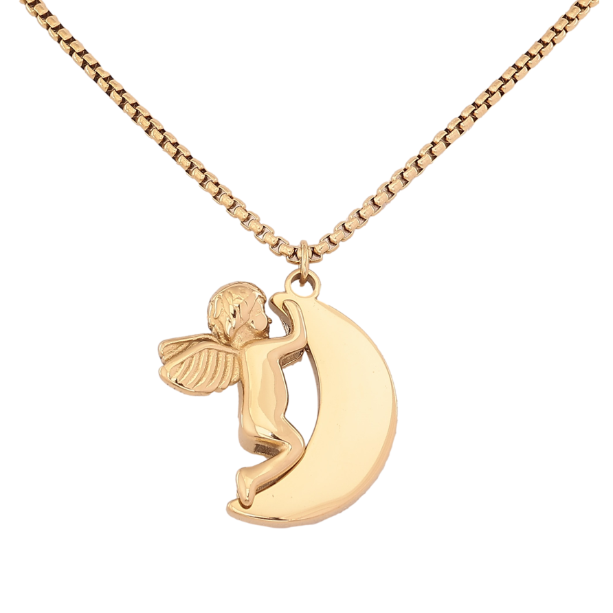 Підвіска на ланцюжку Xuping ТТМ Stainless Steel колір 14К "Півмісяць з янголятком" довжина 45-50см х 2мм фото №1