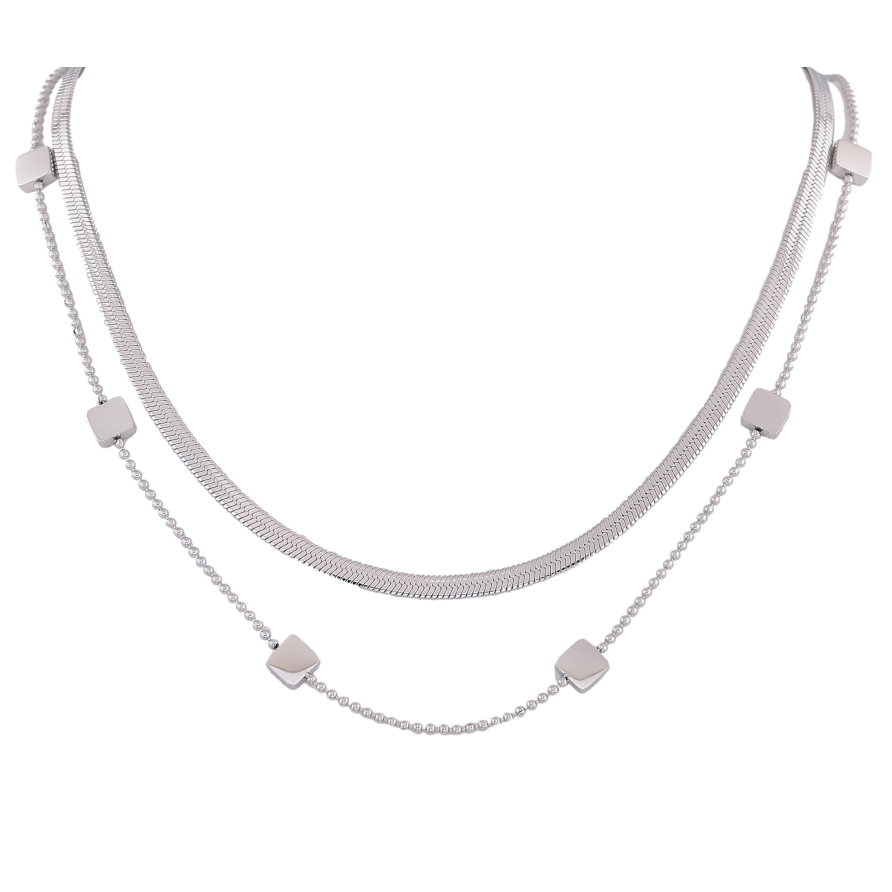 Кольє Нержавіюча сталь "Подвійний ланцюжок з кадратними вставками" довжина 40-45см х 1-6мм фото №1