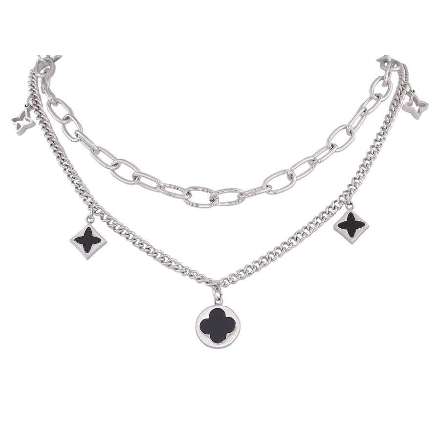 Кольє Нержавіюча сталь "Подвійний ланцюжок з підвісками конюшина" довжина 39-44см х 3-6мм фото №1