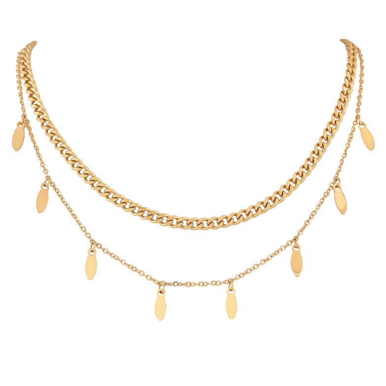 Кольє Нержавіюча сталь "Подвійний ланцюжок з підвісками" довжина 39-44см х 1,5-4мм фото №1