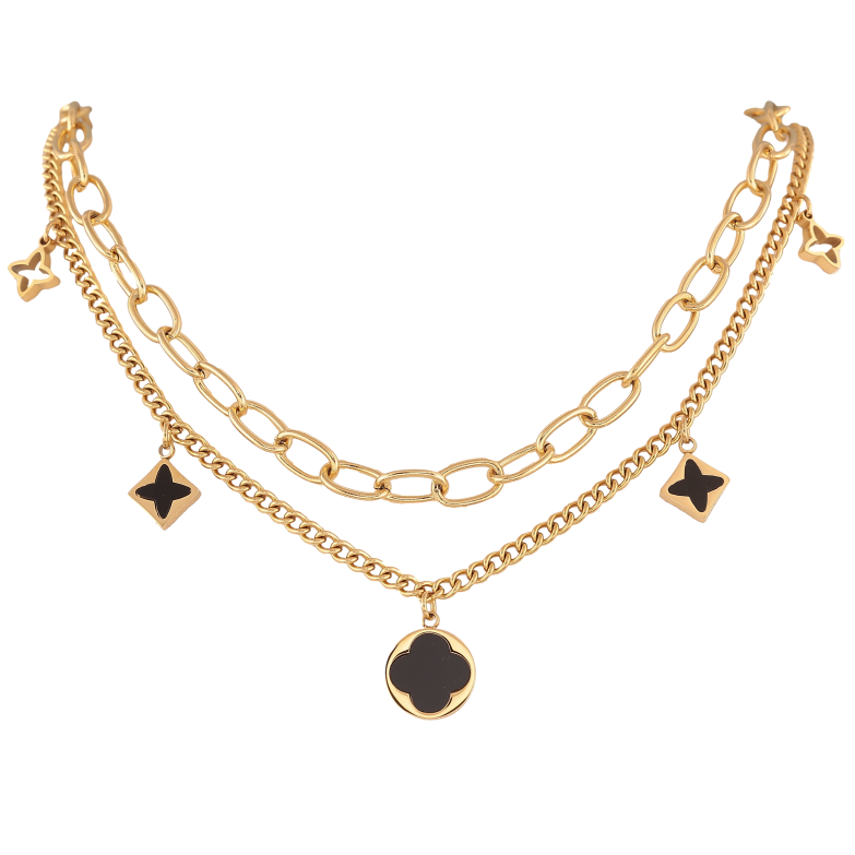 Кольє Нержавіюча сталь "Подвійний ланцюжок з підвісками конюшина" довжина 40-45см х 3-6мм фото №1