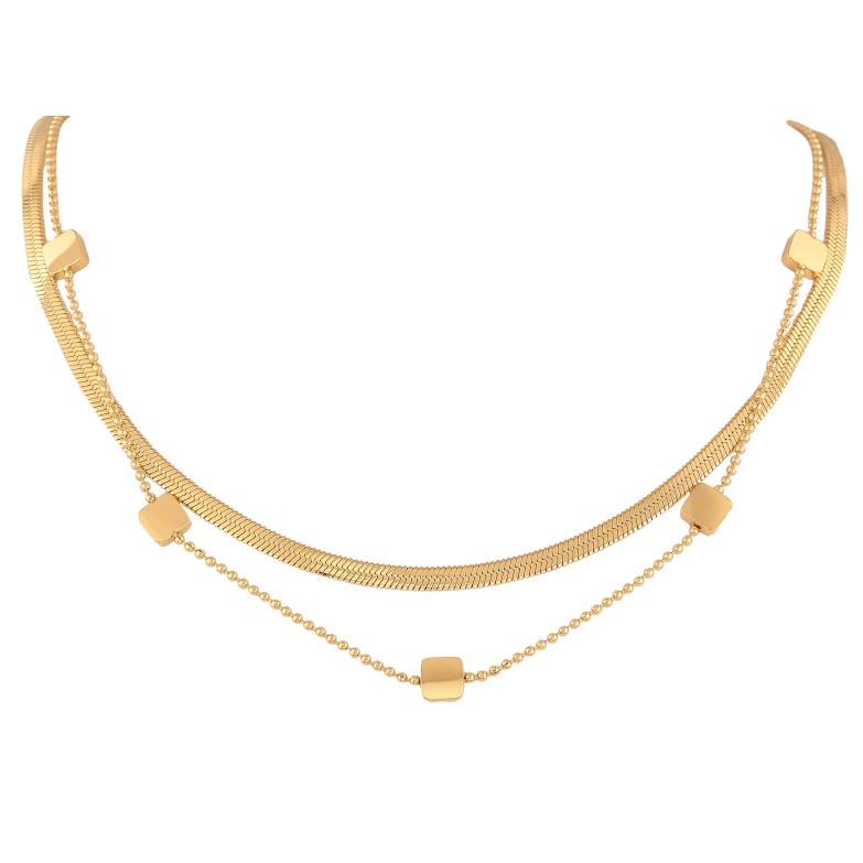 Кольє Нержавіюча сталь "Подвійний ланцюжок з квадратними вставками" довжина 40-45см х 1-4мм фото №1