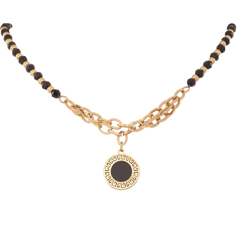 Колье Xuping ТТМ Stainless Steel цвет 14К "Черные бусы с вставкой цепочка и подвеска циферблат" длина 45-50см х 3-4мм фото №12