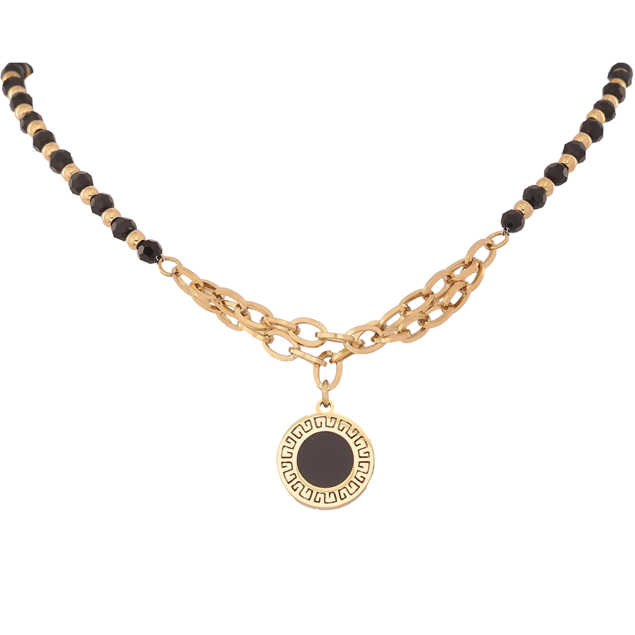 Кольє Xuping ТТМ Stainless Steel колір 14К "Чорне намисто зі вставкою ланцюжок та підвіска циферблат" довжина 45-50см х 3-4мм фото №1