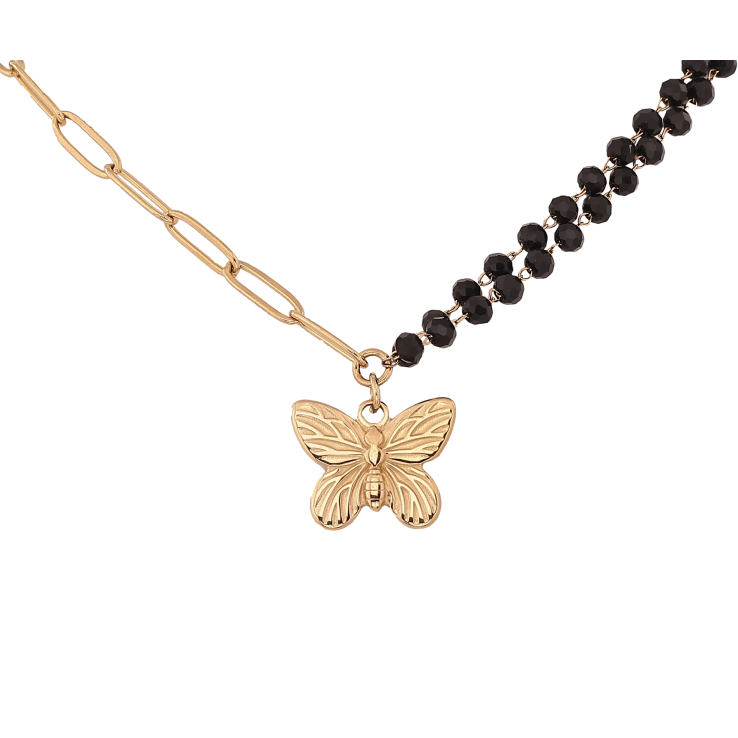 Кольє Xuping ТТМ Stainless Steel колір 14К "Чорне намисто з ланцюжком і підвіскою метелик" довжина 45-50см х 4-6мм фото №6 Кольє Xuping ТТМ Stainless Steel колір 14К "Чорне намисто з ланцюжком і підвіскою метелик" довжина 45-50см х 4-6мм фото №6