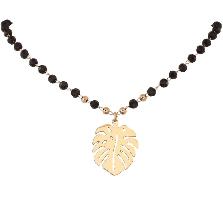 Кольє Xuping ТТМ Stainless Steel колір 14К "Чорне намисто з підвіскою листок" довжина 45-50см х 3-4мм фото №1