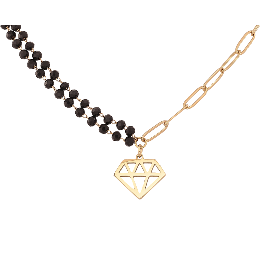 Кольє Xuping ТТМ Stainless Steel колір 14К "Чорні намистини з ланцюжком, підвіска кристал" довжина 45-49см х 4-6мм фото №1
