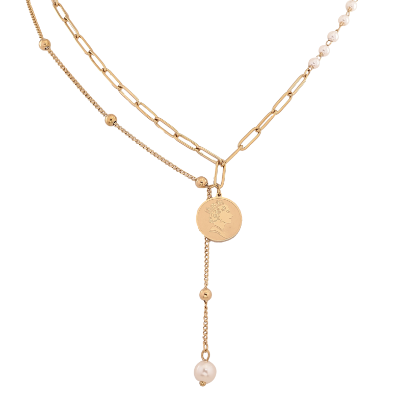 Кольє Xuping ТТМ Stainless Steel колір 14К "Ланцюжки з перлинними підвісками" довжина 43-48см х 1-3мм фото №1 Кольє Xuping ТТМ Stainless Steel колір 14К "Ланцюжки з перлинними підвісками" довжина 43-48см х 1-3мм фото №1